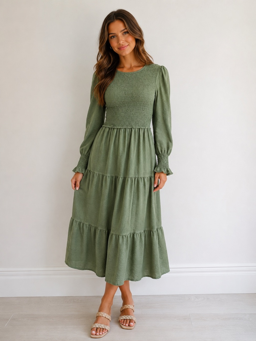 ALLANDWELL Elegant Green Smocked Dress